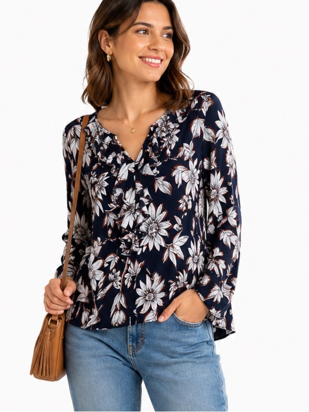 Esqualo Orange Floral Print Navy Top Women’s Size 10 Bohocore, Chiccore Vibrant